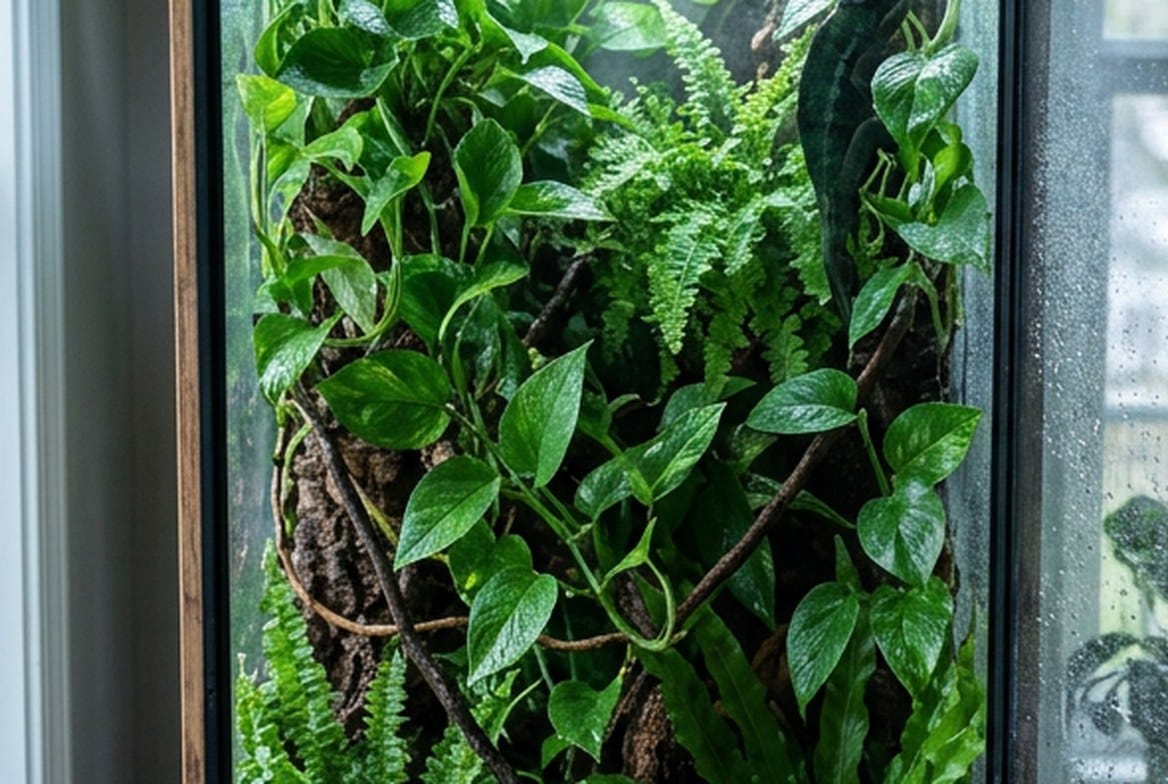 Male Jackson's chameleon with three forward-facing horns in a planted, partially screened enclosure