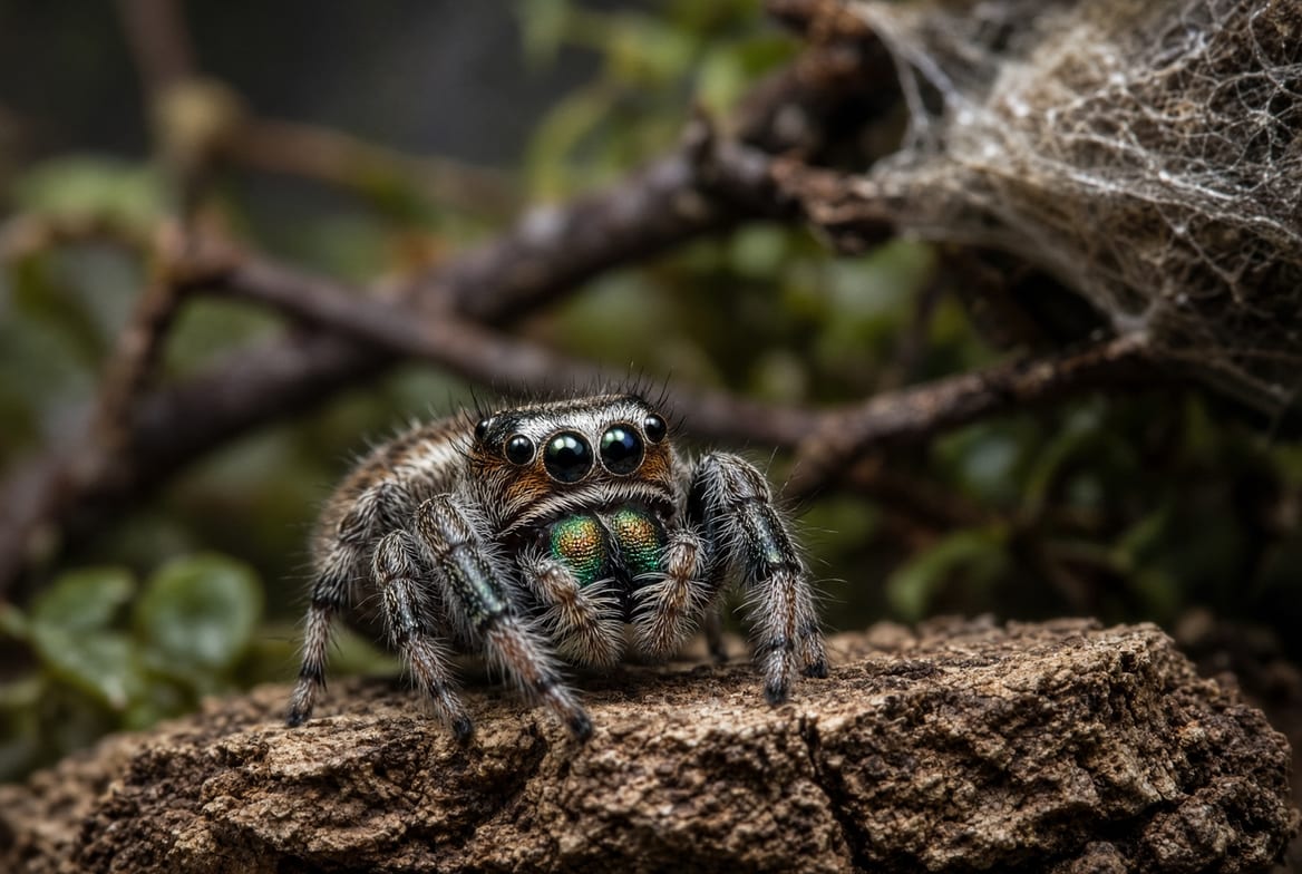 A regal jumping spider on a cork bark flat, front eyes facing the camera