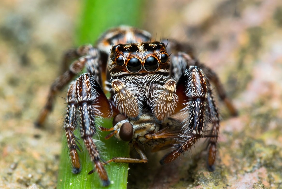 Jumping spider eating a fruit fly on a leaf inside its enclosure