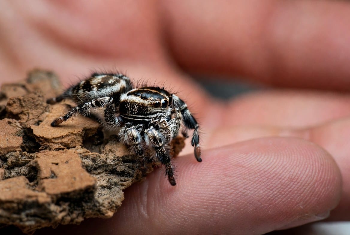 Jumping spider walking onto an owner's hand during a calm, low handling session