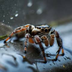 Jumping spider with a healthy, plump abdomen resting near a misted enclosure wall