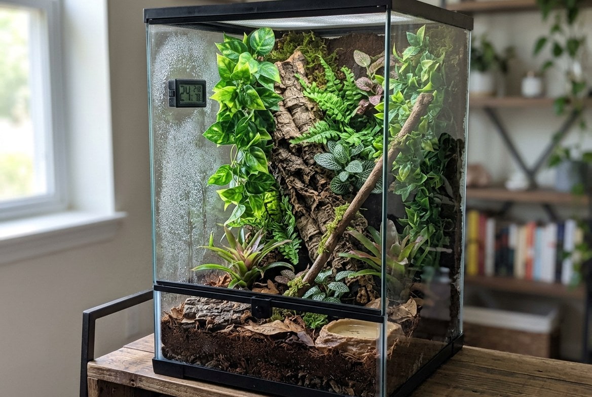 Small vertical jumping spider enclosure with coconut fiber substrate, climbing branches, and a hygrometer