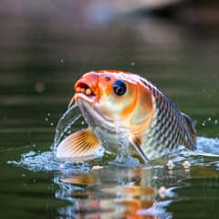 Koi rising to the pond surface to feed on floating pellets