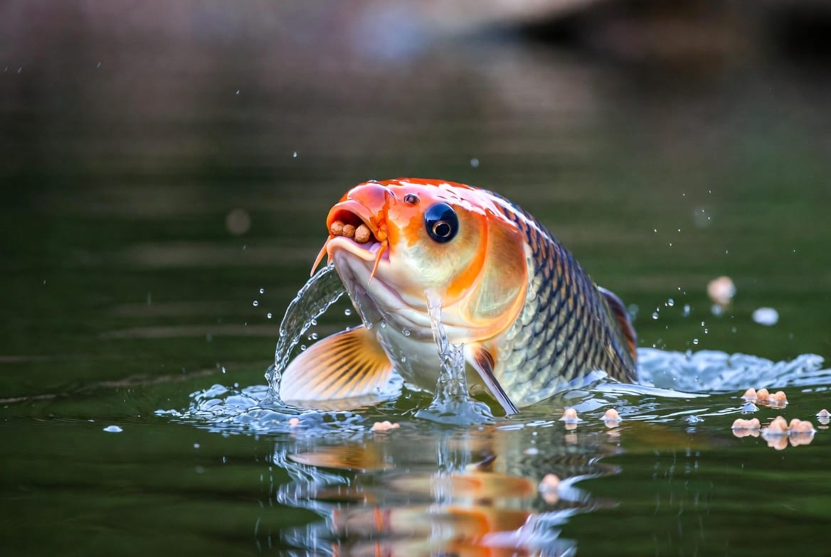 Koi rising to the pond surface to feed on floating pellets