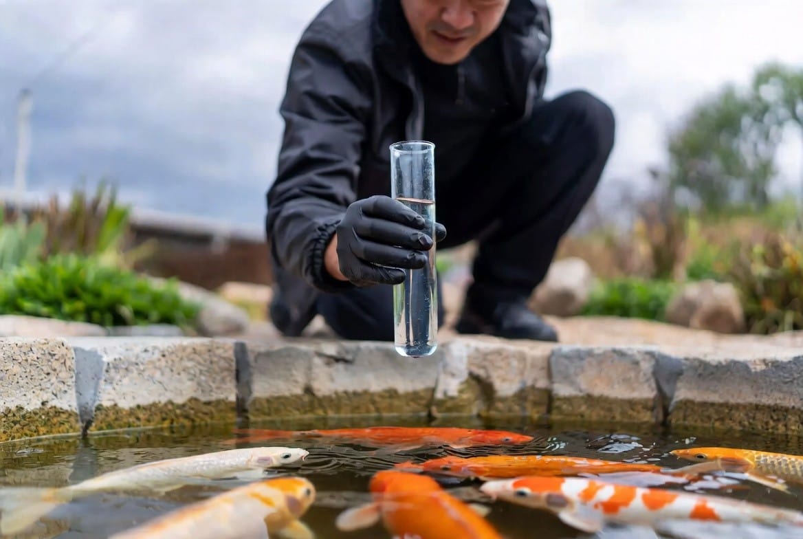 Koi pond keeper testing water quality parameters near the pond edge