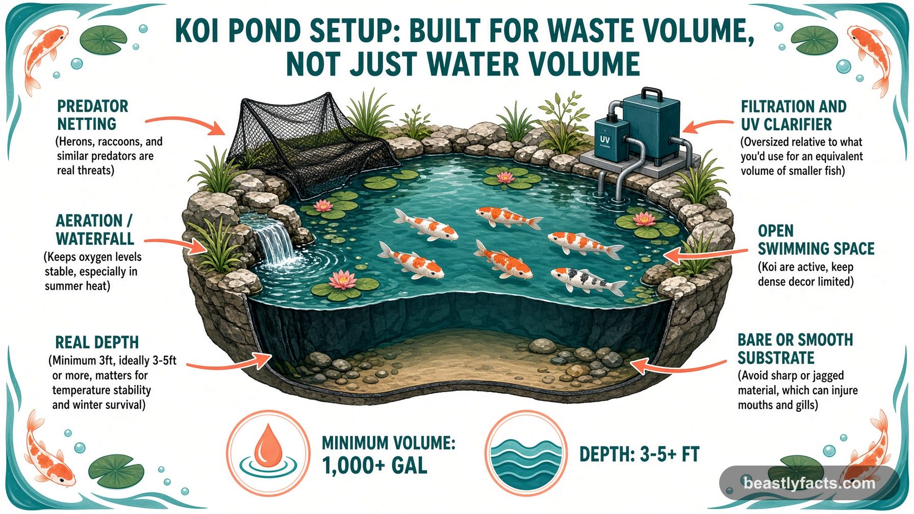 Labeled diagram of an outdoor koi pond showing predator netting, filtration, aeration, and real depth
