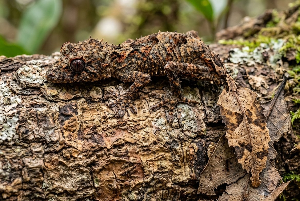 Satanic leaf-tailed gecko camouflaged against bark, one of the priciest geckos in the pet trade