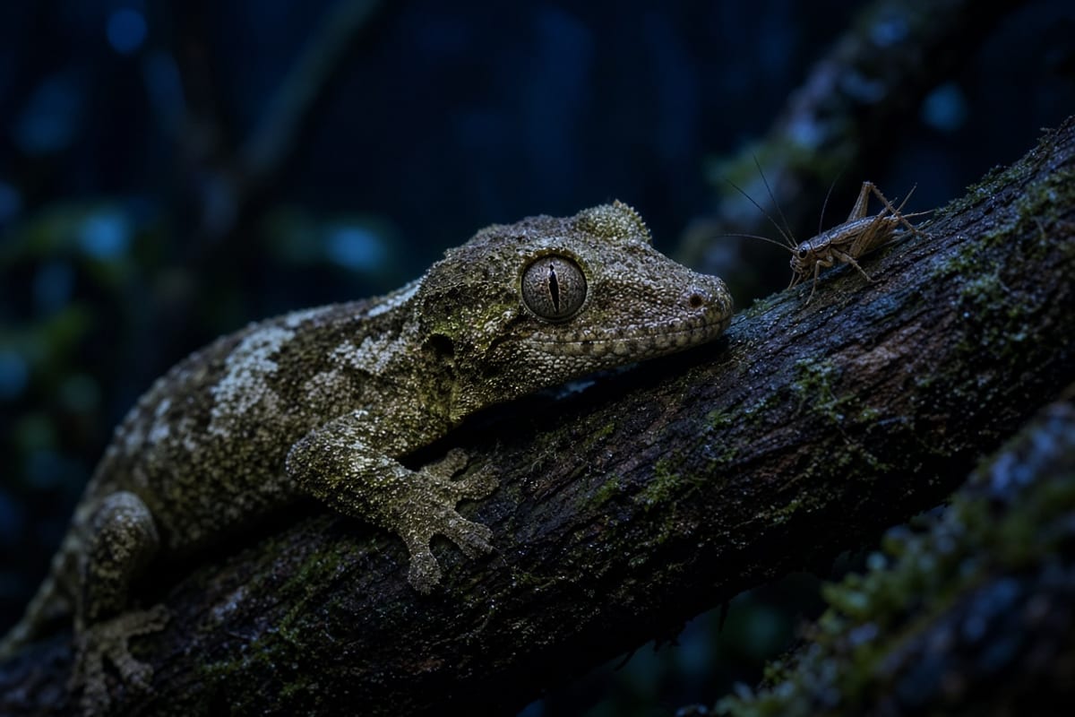 A mossy leaf-tailed gecko pressed against bark at night with a cricket on the branch beside its head