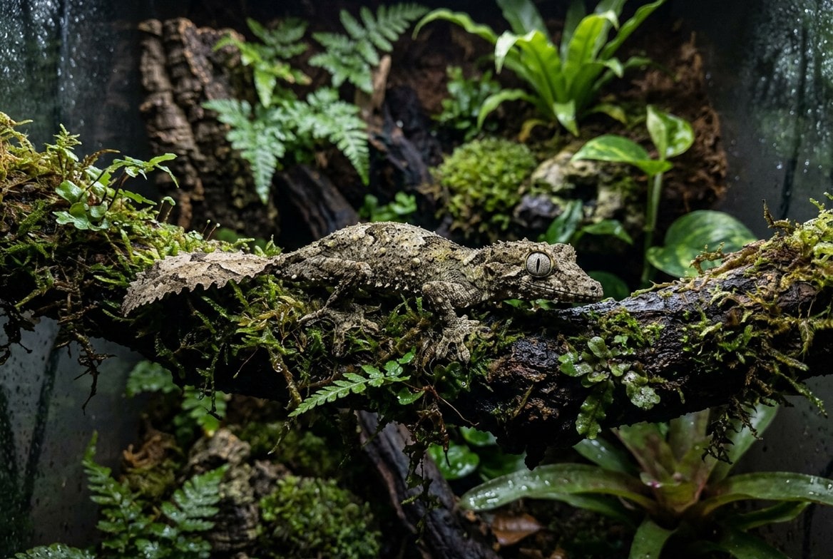 Satanic leaf-tailed gecko camouflaged against bark, remaining still rather than tolerating handling