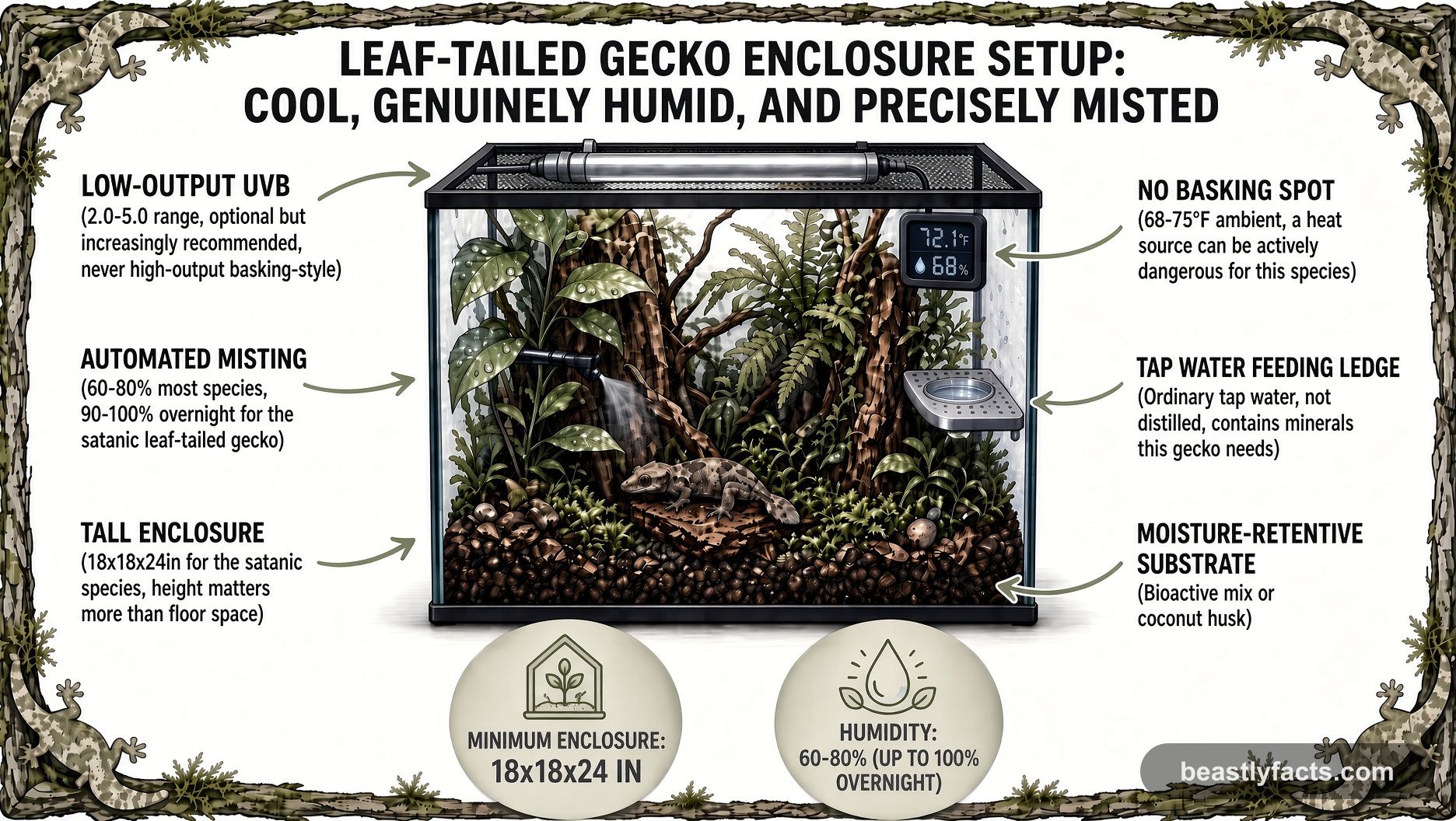Labeled diagram of a leaf-tailed gecko enclosure showing no basking spot, automated misting, and a tap water feeding ledge