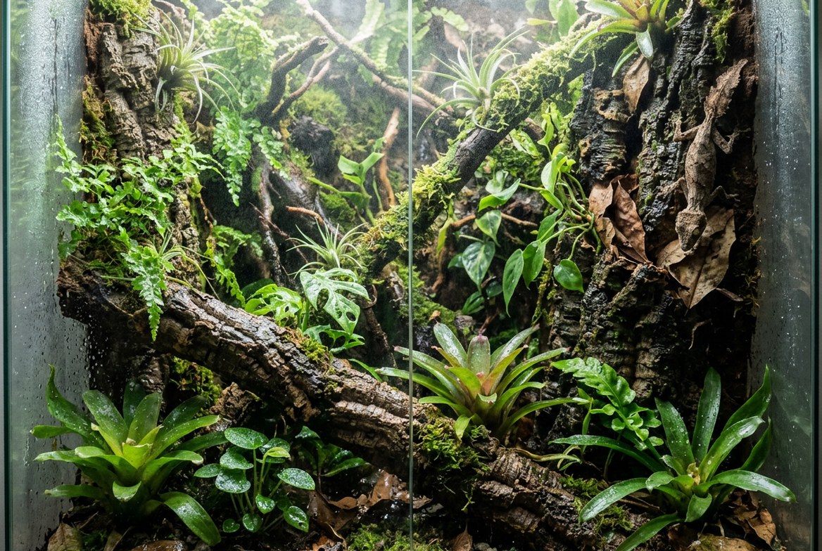 Satanic leaf-tailed gecko camouflaged against bark inside a tall, densely planted, misted terrarium