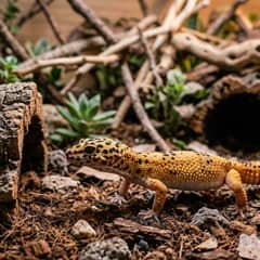 A leopard gecko exploring a naturalistic enclosure with cork bark and climbing structure