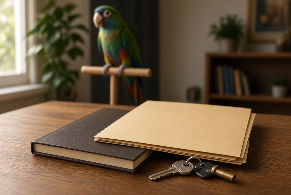 An older cockatoo perched beside a tortoise, with a folder of care and financial paperwork laid out between them