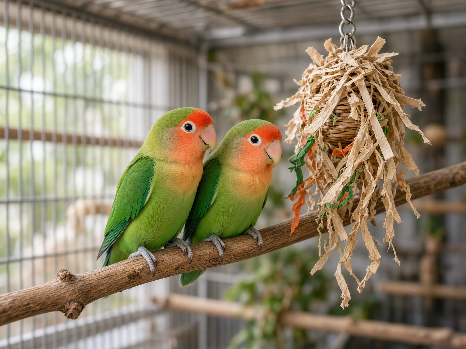 A pair of lovebirds perched together near a foraging toy inside their cage