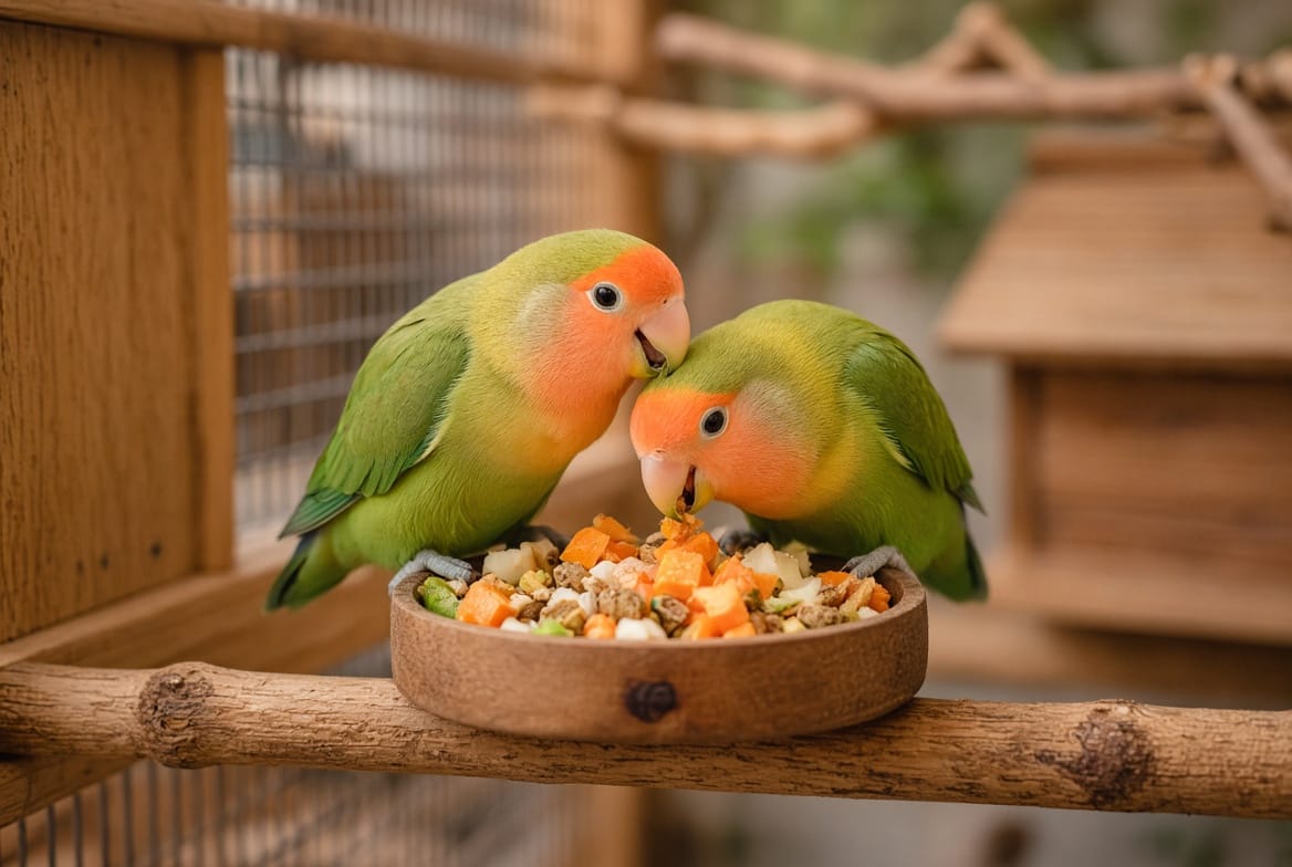 Two lovebirds sharing a wooden dish of chopped vegetables and pellets