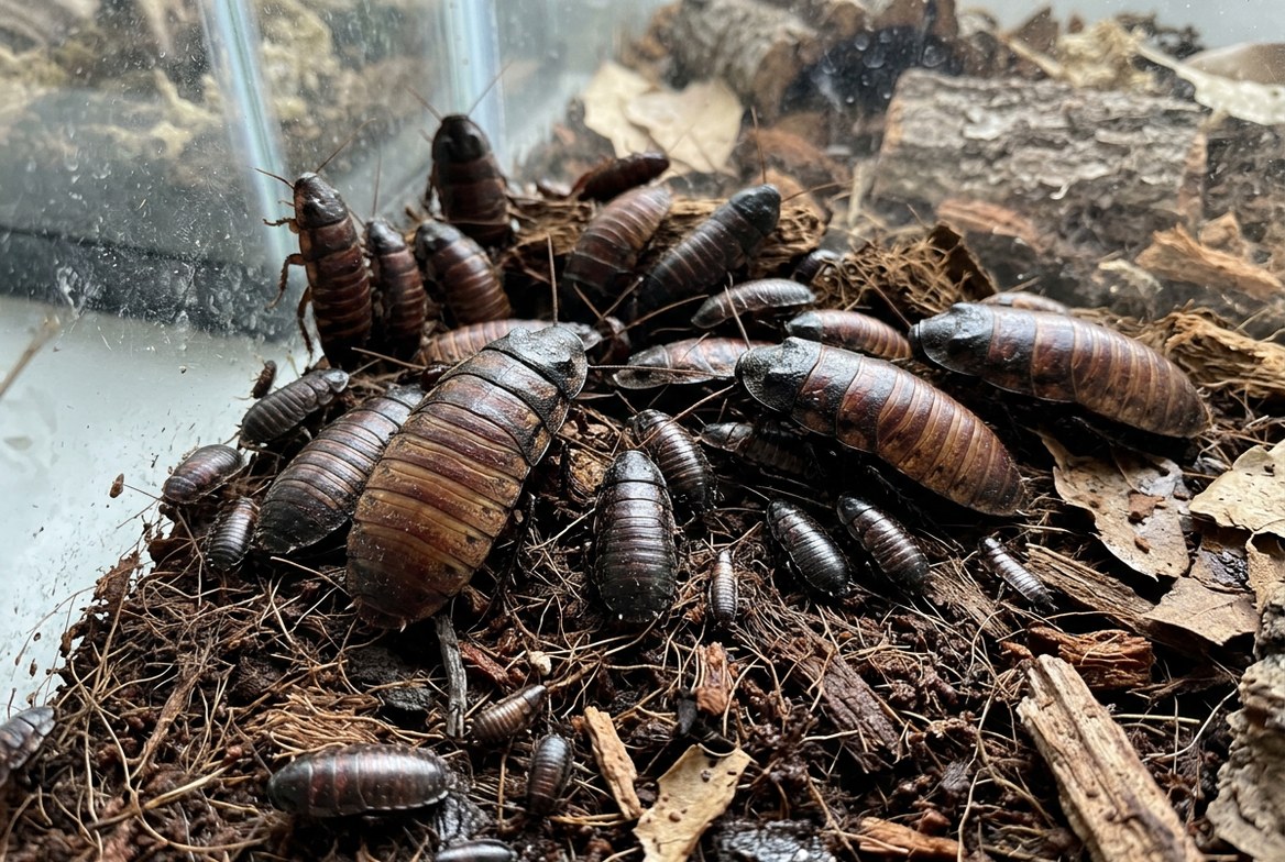 Madagascar hissing cockroach beside its enclosure setup and feeding dish