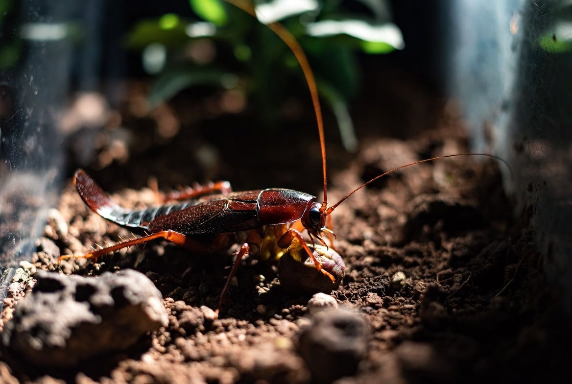 Madagascar hissing cockroach feeding on dry dog food and apple slices