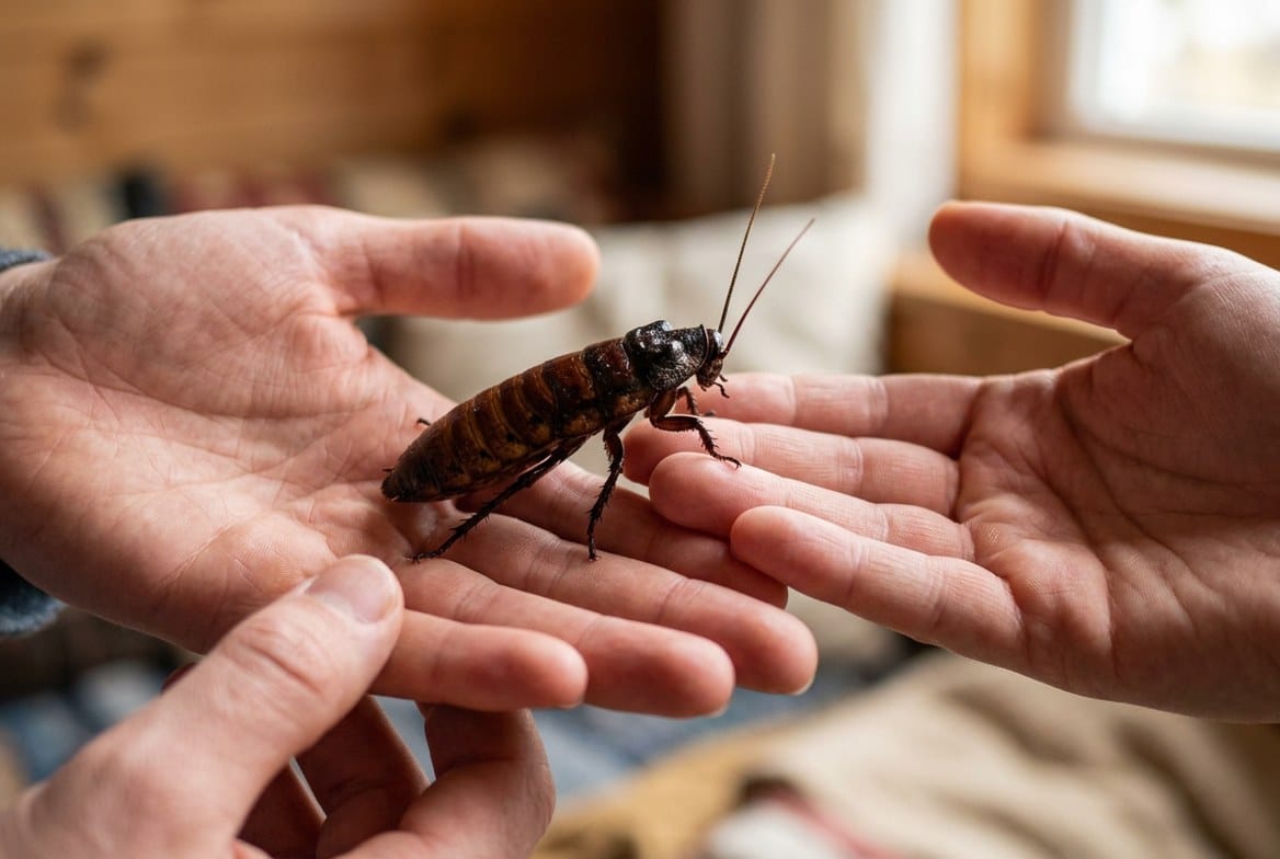 Madagascar hissing cockroach being gently held around the thorax