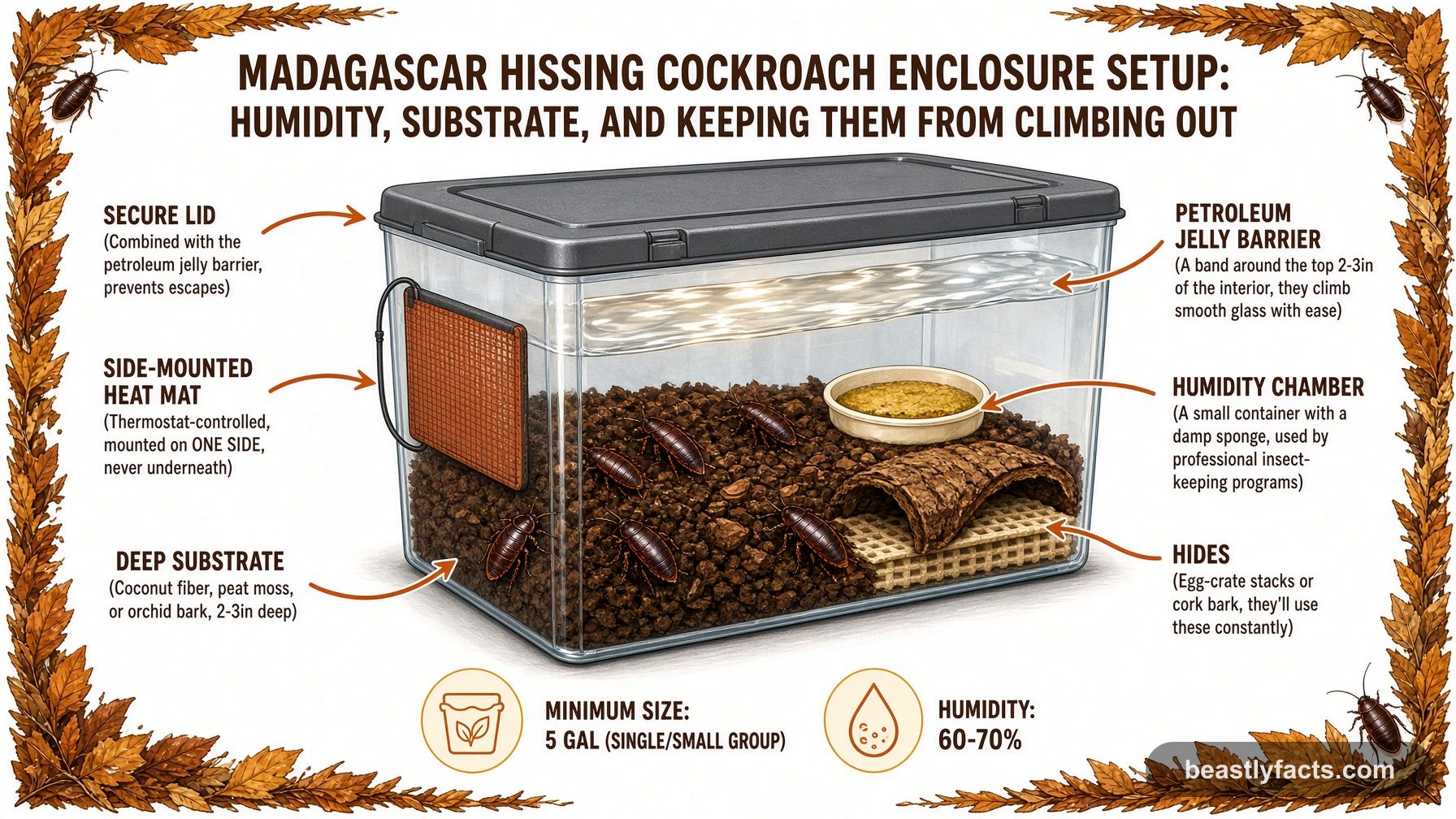 Labeled diagram of a Madagascar hissing cockroach enclosure showing the petroleum jelly barrier, side-mounted heat mat, and hides