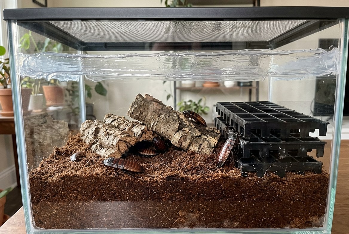 Madagascar hissing cockroach enclosure with substrate, cork bark hides, and a screened lid