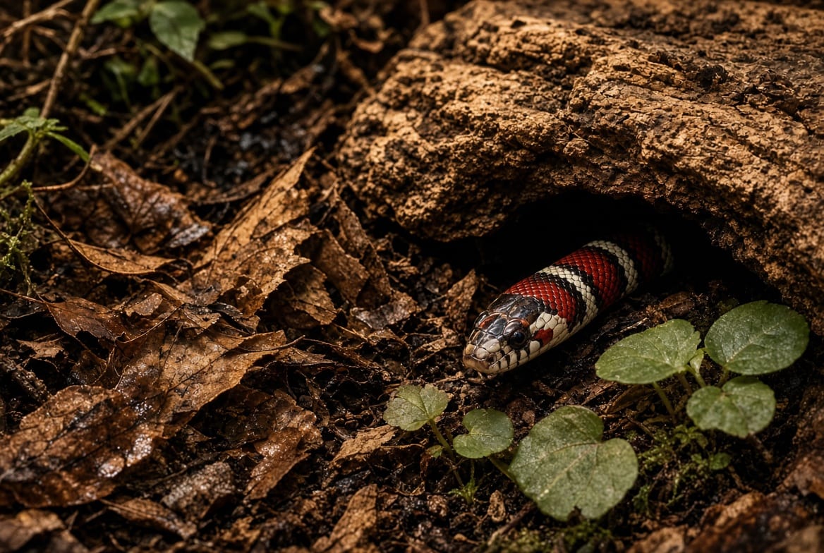 A banded milk snake emerging from cork bark cover in a cluttered enclosure