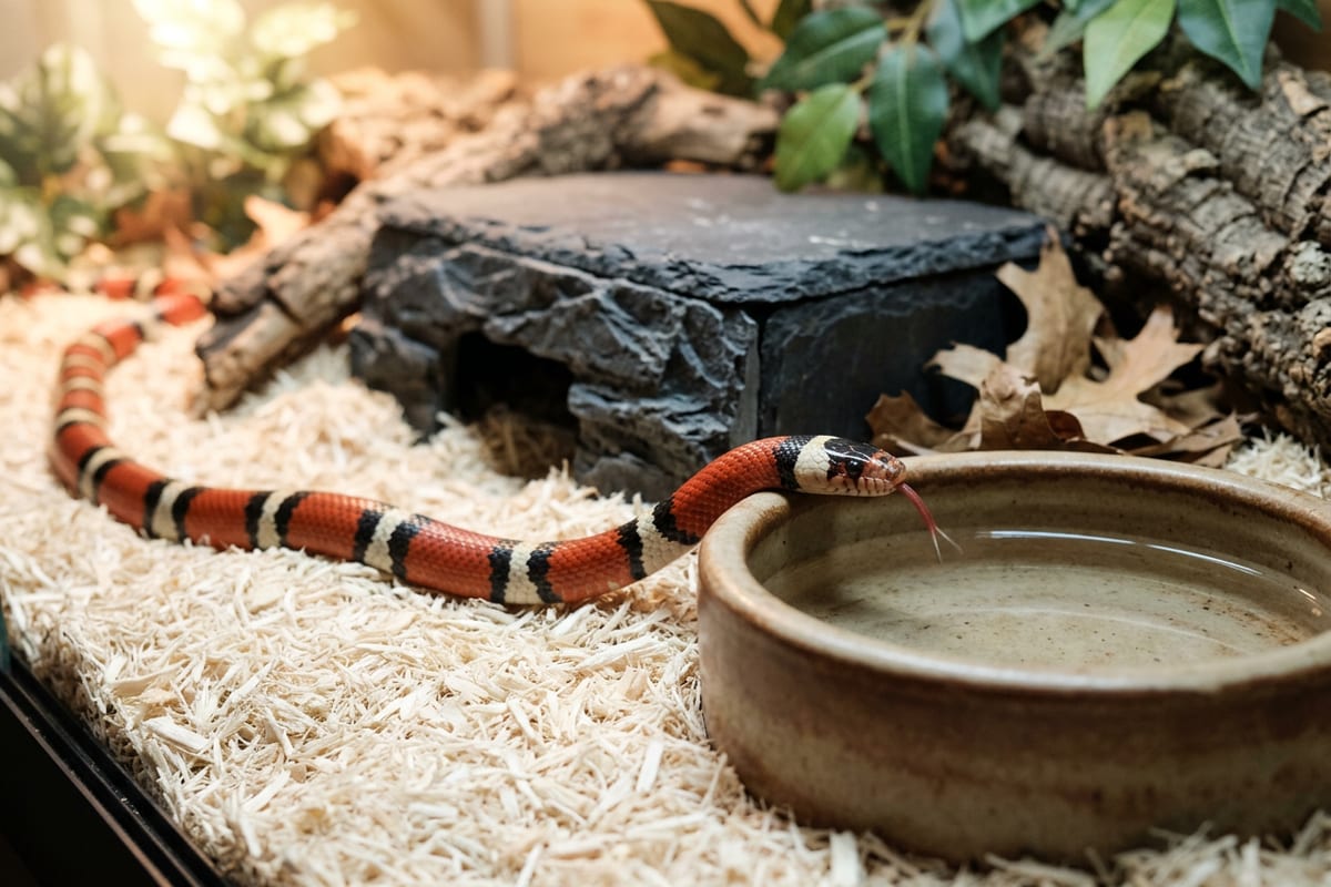 A red, black and white banded milk snake constricting a thawed mouse on aspen substrate