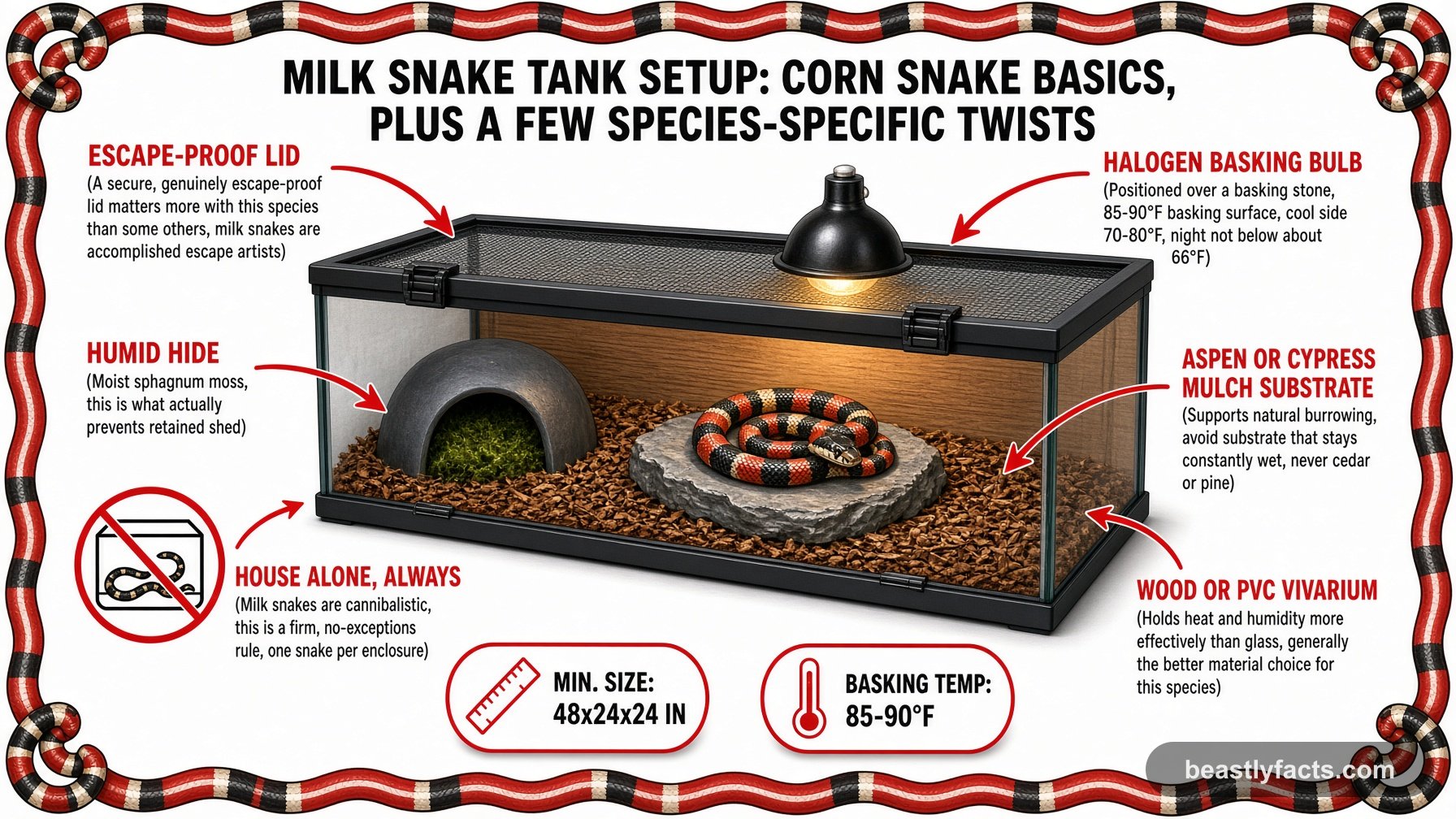 Labeled diagram of a milk snake enclosure showing an escape-proof lid, a halogen basking bulb, and a humid hide