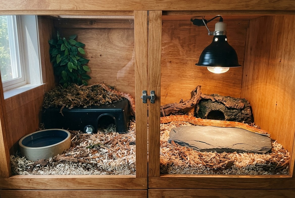 Milk snake enclosure with hides, a basking bulb, and a humid hide