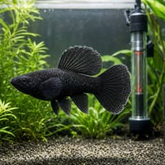 A small group of mollies swimming in a well-planted 20-gallon aquarium