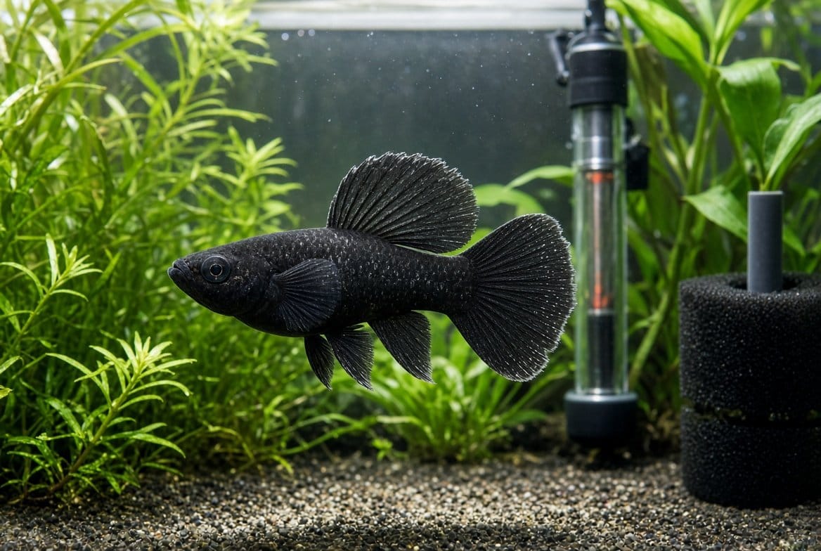 A small group of mollies swimming in a well-planted 20-gallon aquarium