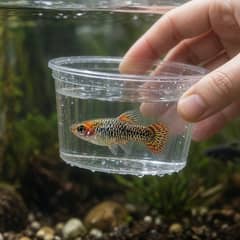 A net gently guiding a molly during a tank transfer instead of using bare hands