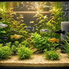 A planted 20-gallon molly tank with sturdy filtration and warm lighting