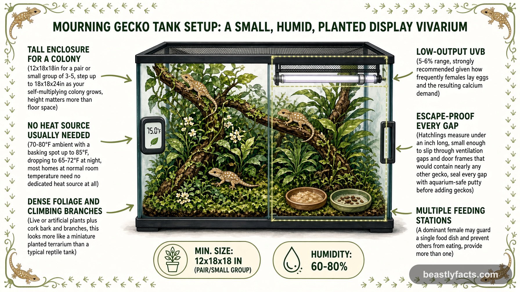 Labeled diagram of a mourning gecko vivarium showing a tall planted enclosure, low-output UVB, and escape-proofed gaps for a self-multiplying colony