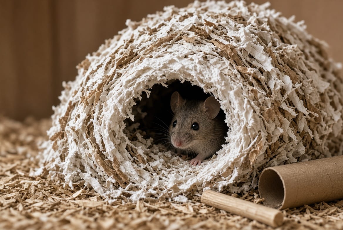 A mouse inside a large domed nest of shredded paper, only its head visible at the entrance