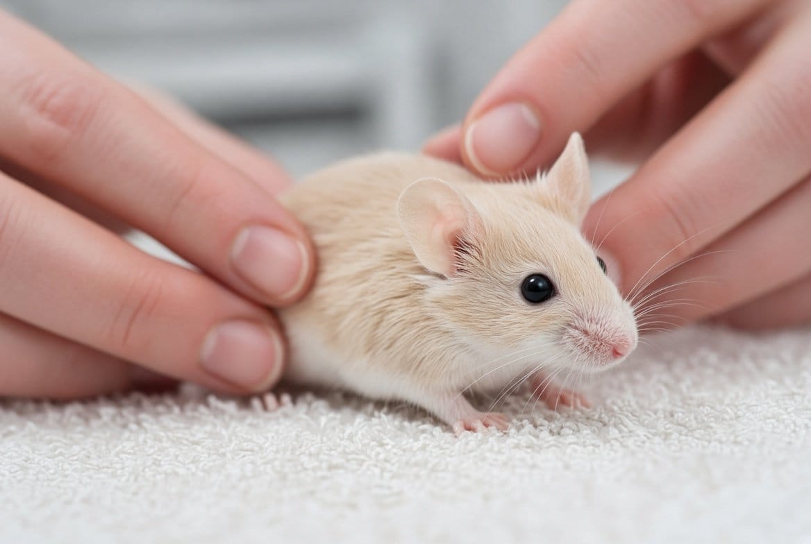 Fancy mouse being examined by an exotic veterinarian
