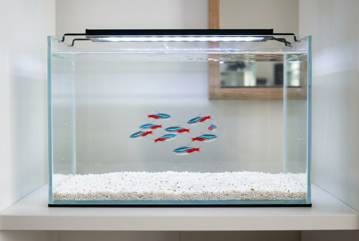 A school of neon tetras swimming together in a planted freshwater aquarium