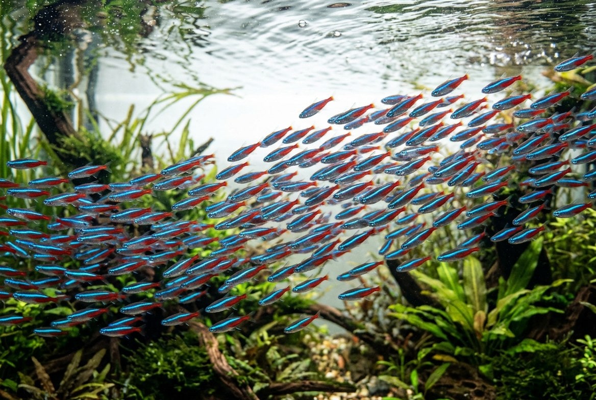 A tight school of neon tetras swimming together mid-water in a planted aquarium