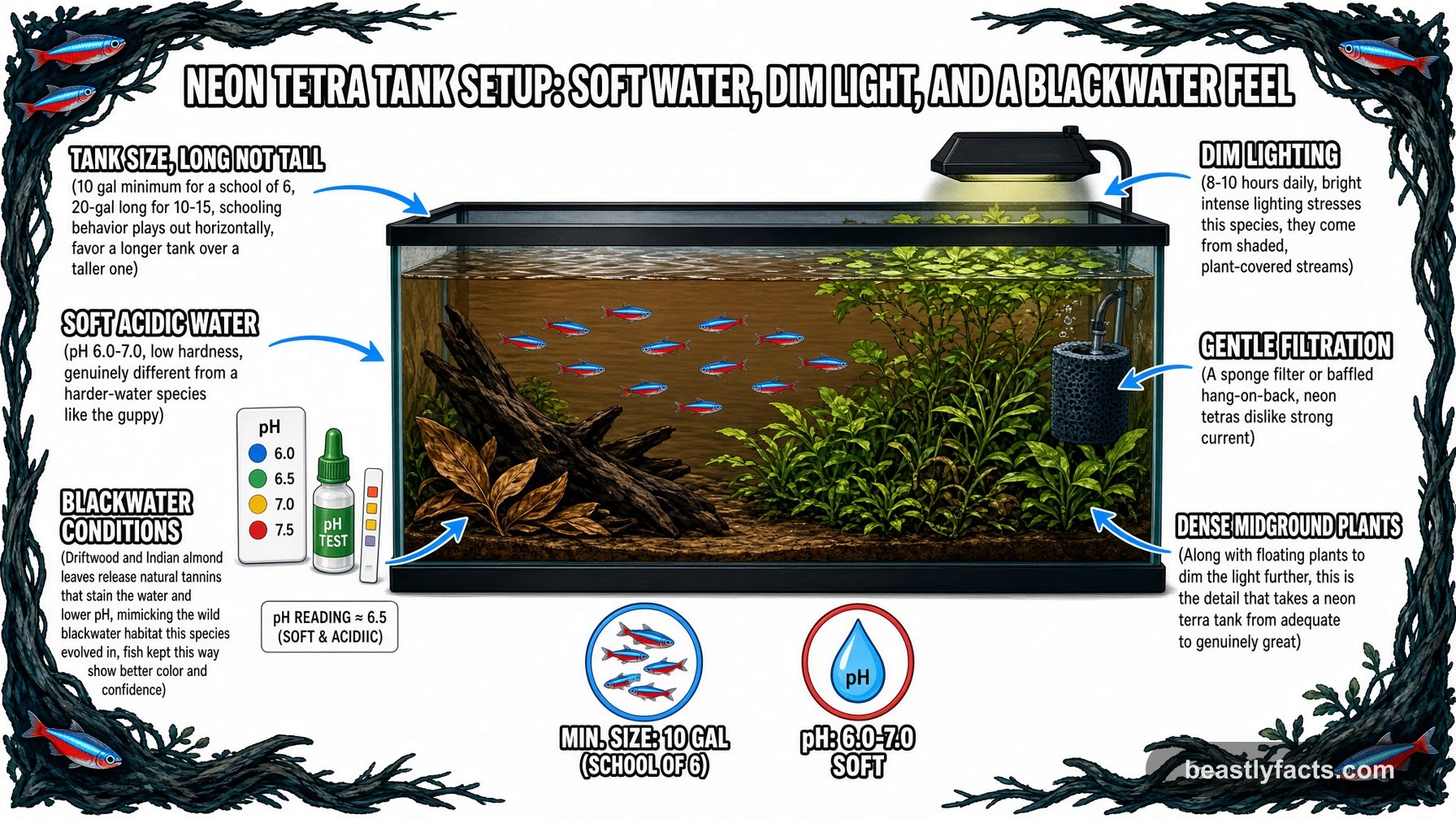 Labeled diagram of a neon tetra aquarium showing soft acidic water, dim lighting, and blackwater conditions from driftwood and tannins