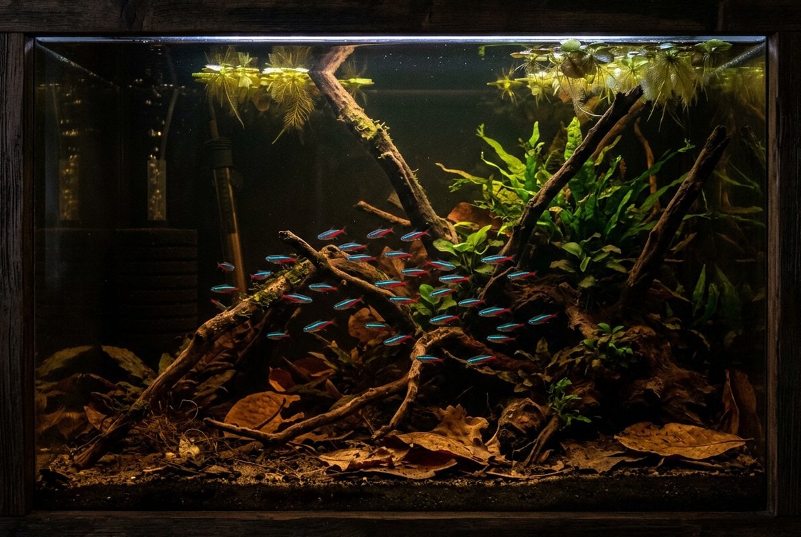 A planted neon tetra aquarium with dim lighting, driftwood, and tannin-stained blackwater