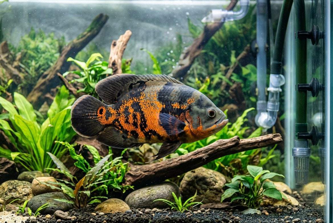 Tiger oscar fish swimming in a heavily filtered aquarium