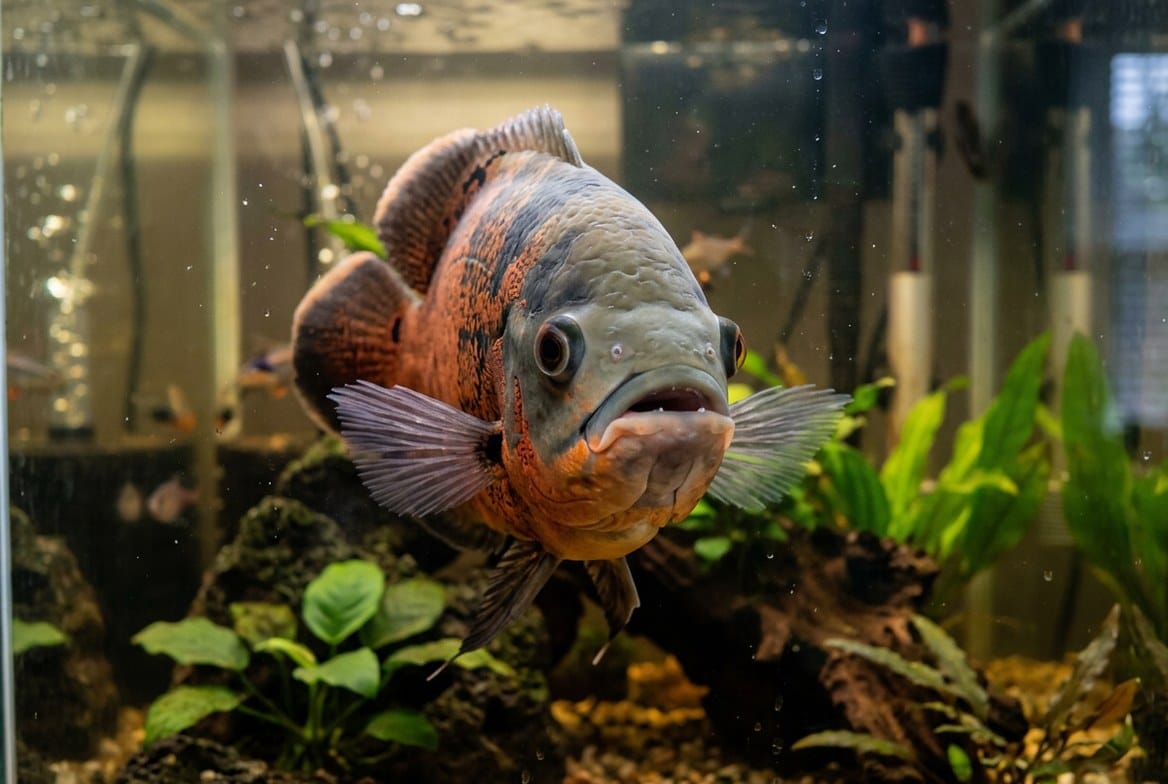 Tiger oscar fish swimming toward the glass in a heavily filtered aquarium