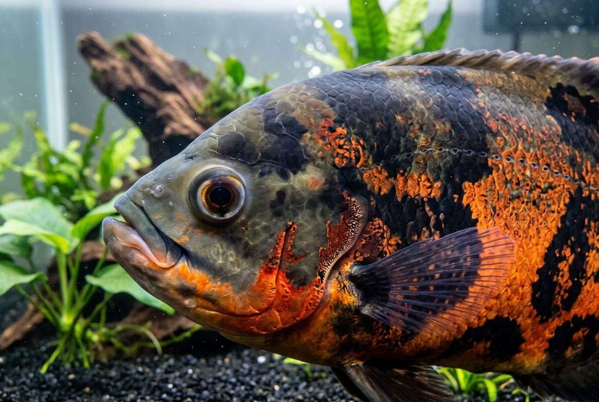 Tiger oscar fish swimming in a heavily filtered, well-maintained aquarium