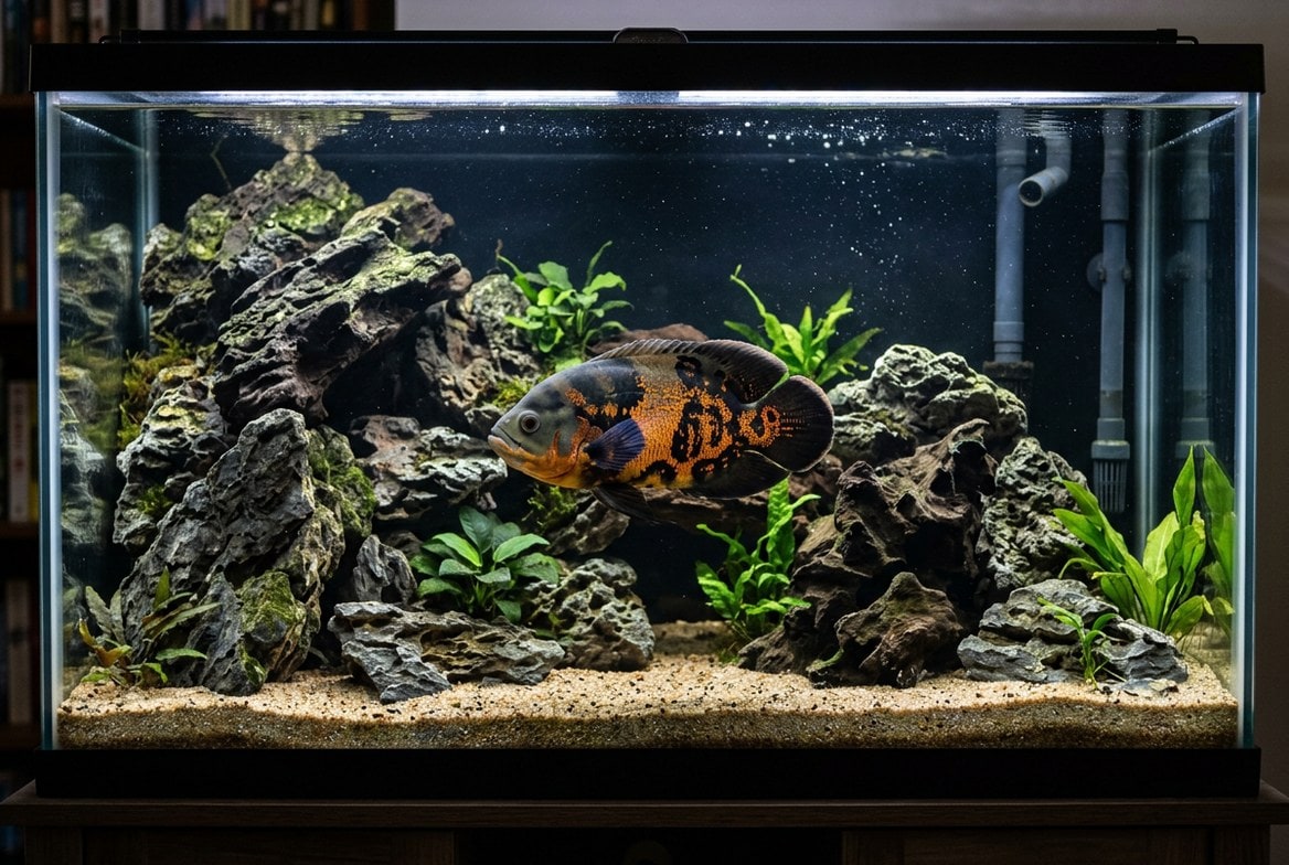 Tiger oscar fish swimming in a large, heavily filtered aquarium