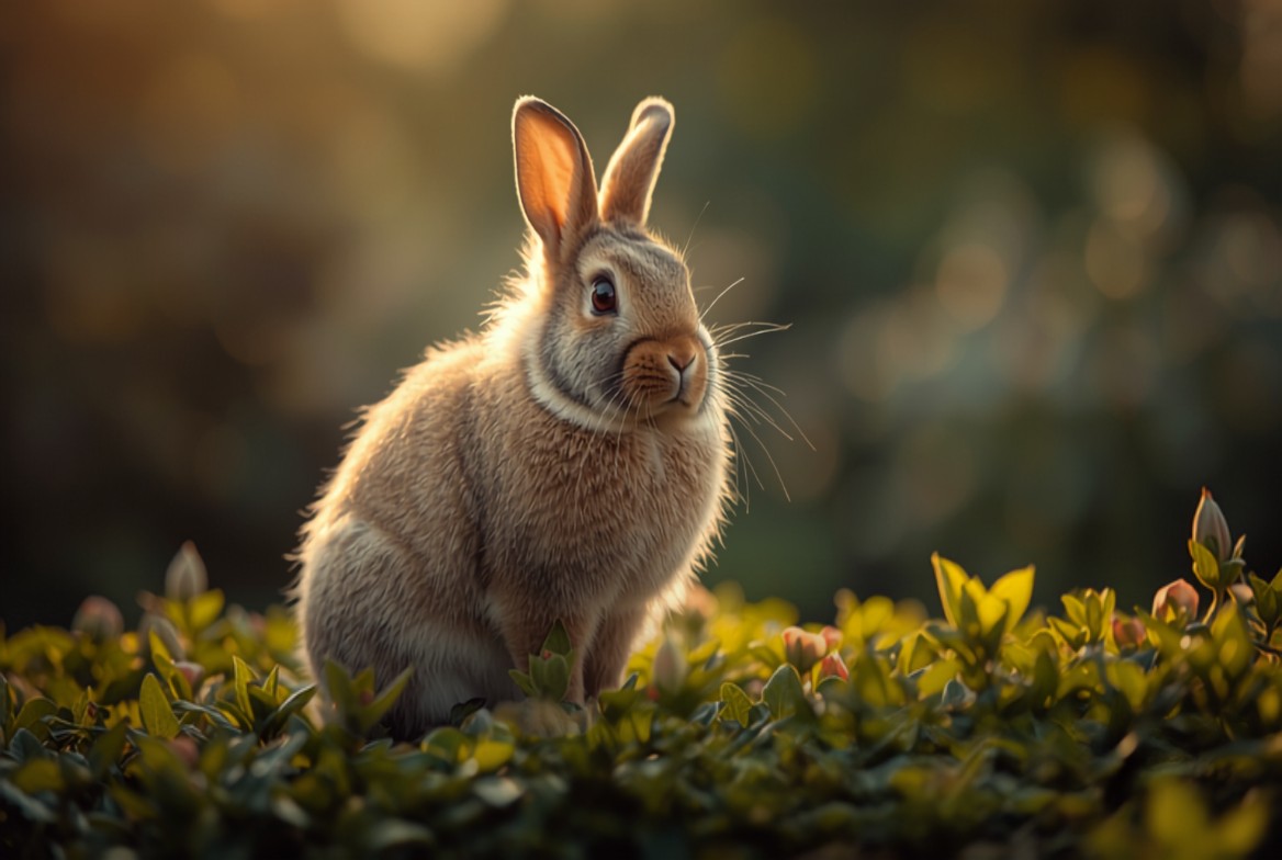 House rabbit sitting alert and regal at the edge of a garden, surveying his territory