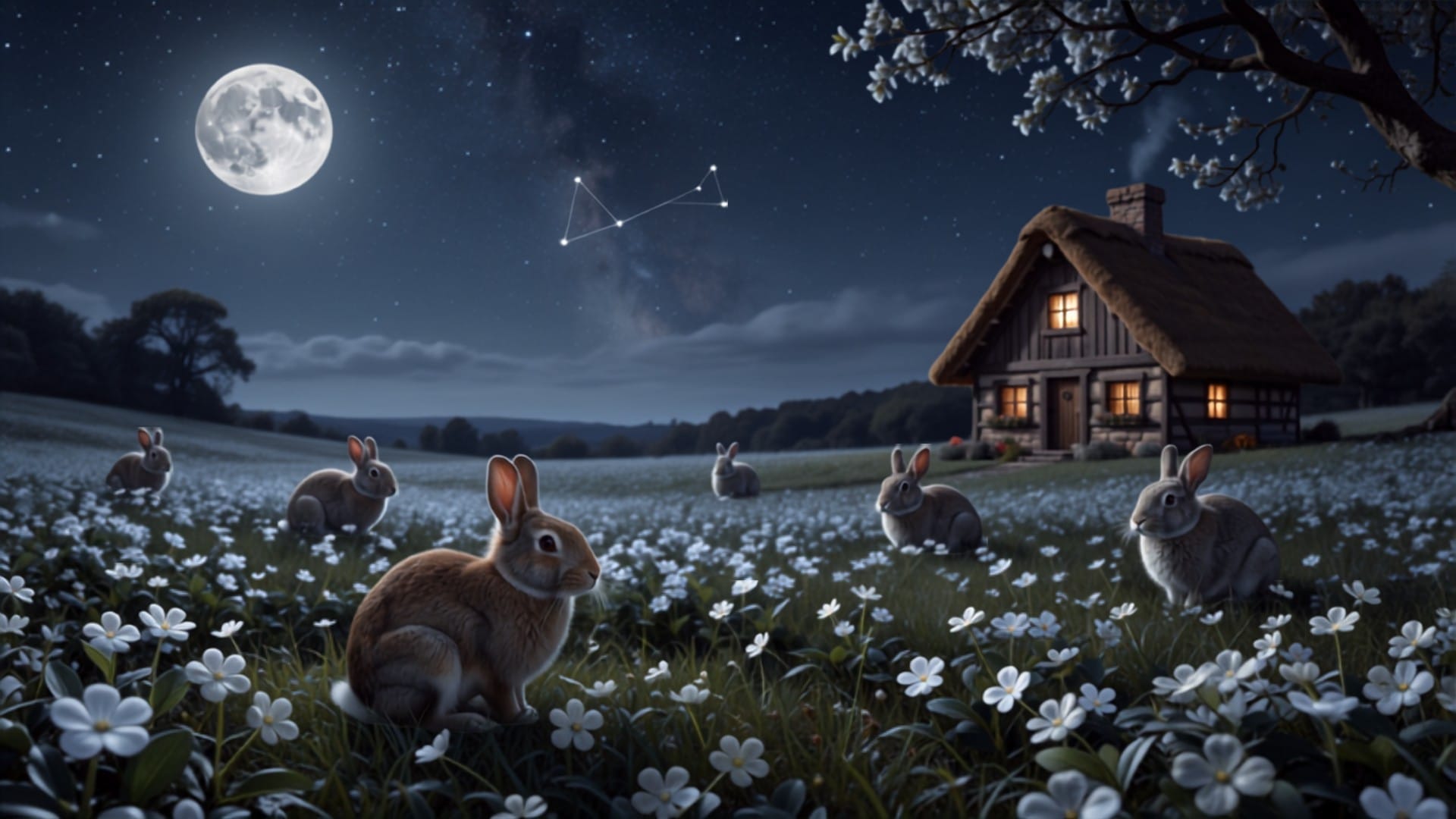 A house rabbit sitting amid an endless field of moonlit clover, with dignified elder rabbits scattered across the silver green landscape under a starry sky.