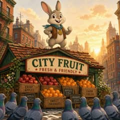 An illustrated rabbit standing atop a city fruit stand, surrounded by a crowd of pigeons, tall buildings in the background.