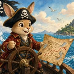 An illustrated rabbit dressed as a pirate captain standing at the helm of a small ship, treasure map in hand.