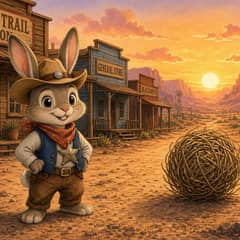 An illustrated rabbit in a cowboy hat standing in a dusty frontier street, a tumbleweed rolling past.