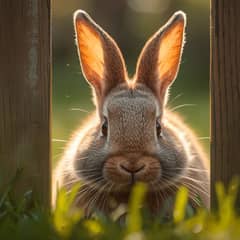House rabbit pressing his nose to a gap in the fence, ears sharp with anticipation