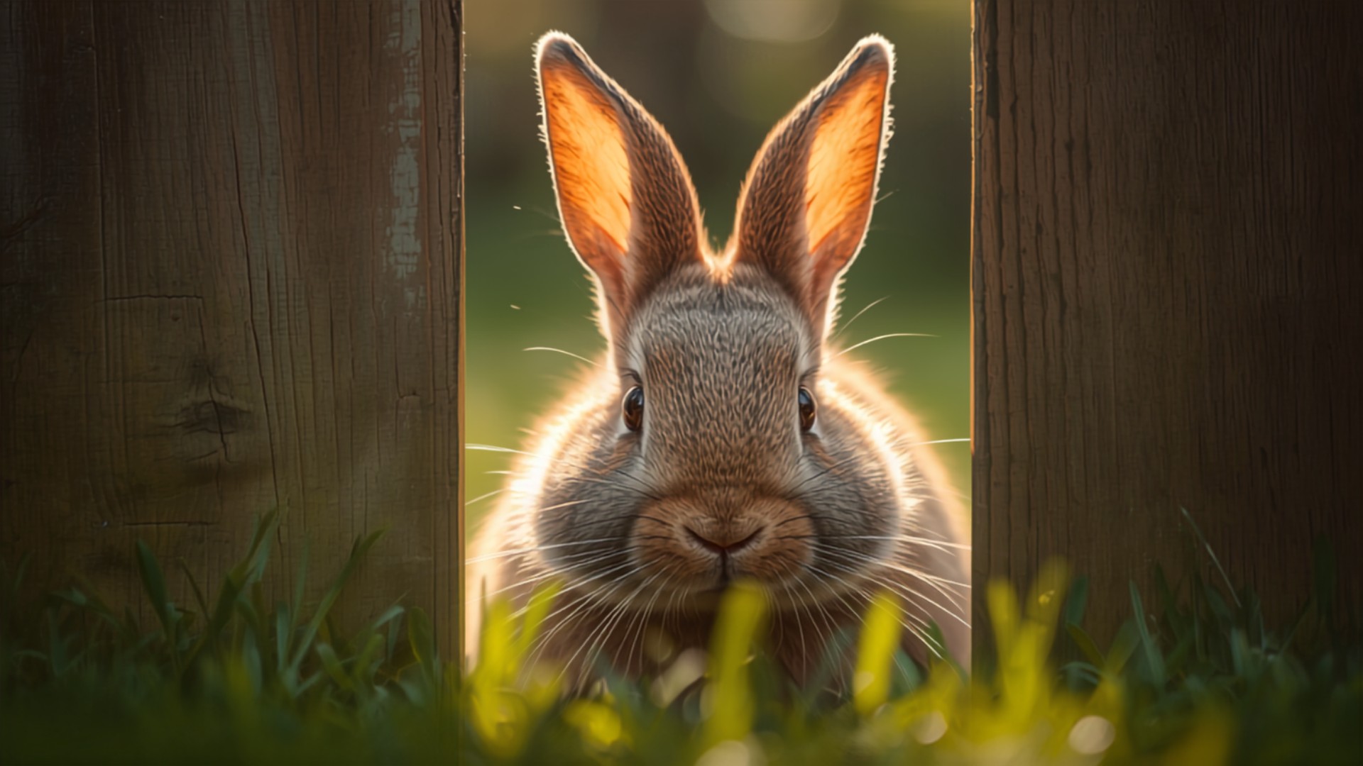 House rabbit pressing his nose to a gap in the fence, ears sharp with anticipation